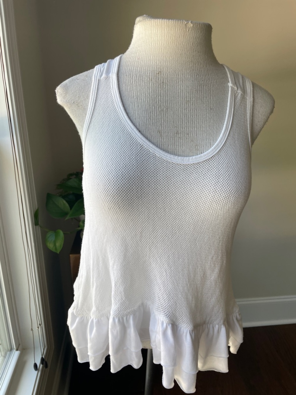Derek Heart White Mesh Ruffle-Hem Tank Top